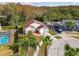 Elevated view of home with pool, two-car garage, and fenced backyard at 7717 Foxbear Ct, New Port Richey, FL 34655