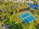 Aerial view of community tennis courts surrounded by trees and pond at 11532 Holly Ann Dr, New Port Richey, FL 34654