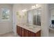 Bright bathroom featuring dual sinks, wood cabinetry, a large mirror, and a walk-in shower at 11243 Merganser Way, New Port Richey, FL 34654