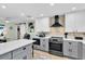Modern kitchen featuring white cabinets, a stylish range hood, and a large central island with seating at 14124 Kulig Ct, Hudson, FL 34667