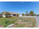 A single-story home with a well-manicured lawn, mature palm trees, and an attached garage at 13705 Allyn Dr, Hudson, FL 34667