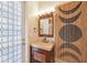 Bathroom with a granite counter, wooden cabinet, bamboo curtain and decorative glass door at 20200 Lace Cascade Rd, Land O Lakes, FL 34637