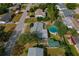 Aerial view of home and backyard including a pool, shed and mature trees at 3540 Linkwood St, New Port Richey, FL 34652