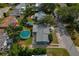 This aerial perspective highlights the spacious, partially fenced backyard featuring a large above ground pool at 3540 Linkwood St, New Port Richey, FL 34652