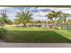 Peaceful backyard view featuring a pond, green lawn, and mature palm trees at 4778 Ballantrae Blvd, Land O Lakes, FL 34638