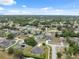 Aerial view showcasing a suburban neighborhood with tree-lined streets and diverse housing styles under a blue sky at 6112 Kinlock Ave, Spring Hill, FL 34608