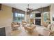 Living room with comfortable seating area, fireplace, pool view, and ceiling fan at 6112 Kinlock Ave, Spring Hill, FL 34608