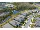 Scenic aerial view showcasing homes near a tranquil lake and lush green spaces in a planned community at 17026 Shell Bay Dr, Land O Lakes, FL 34638