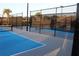 Blue pickleball court with tall black fencing surrounded by community trees and landscaping at 17026 Shell Bay Dr, Land O Lakes, FL 34638