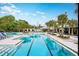 Community swimming pool featuring lap lanes, blue lounge chairs and palm trees around the pool at 17026 Shell Bay Dr, Land O Lakes, FL 34638