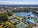 Southern Hills aerial view highlights community amenities including tennis courts, pool, and scenic lake at 19504 Lily Pond Ct, Brooksville, FL 34601