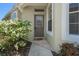 Inviting front entrance with a glass-paneled door, beautiful landscaping, and brick walkway at 9819 Bridgeton Dr, Tampa, FL 33626