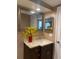 Cozy bathroom featuring a vanity with a quartz countertop, modern fixtures, and neutral-toned walls at 1817 Dartmouth Dr, Holiday, FL 34691