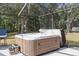 Backyard hot tub featuring a screened-in enclosure and mature trees at 4603 Lake In The Woods Dr, Spring Hill, FL 34607