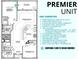 Floor plan showcasing a premier unit with a grand salon, balcony, kitchen, and two bedrooms at 5015 Us Highway 19 # 501, New Port Richey, FL 34652