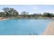 Large outdoor swimming pool with chairs, featuring a view of trees, lake, and nearby fountain at 18325 Whitacre Cir, Hudson, FL 34667