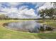 Scenic pond view with a fountain, lush green grass, and mature trees at 4412 Caliquen Dr, Brooksville, FL 34604