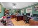 This home office features sleek dark furniture, a modern ceiling fan and calming green paint at 12757 Circle Lake Dr, Hudson, FL 34669