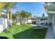 Beautiful backyard featuring artificial turf, mature palm trees, and outdoor seating at 5061 Ensign Loop, New Port Richey, FL 34652