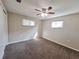 Comfortable bedroom with carpeting, a ceiling fan, and bright natural light from the two windows at 6301 Baldwyn Ave, New Port Richey, FL 34653