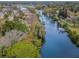 Stunning aerial of homes bordering canal, featuring boat docks and lush greenery in a serene waterfront setting at 646 Riverside Dr, Tarpon Springs, FL 34689