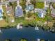 Aerial view showcasing waterfront homes with docks, lush landscaping, and sparkling pools at 646 Riverside Dr, Tarpon Springs, FL 34689