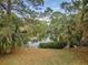 Serene backyard view of lush trees and a tranquil pond, creating a private oasis at 646 Riverside Dr, Tarpon Springs, FL 34689