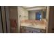 Pink bathroom with vanity, mirror and doorway to shower at 1414 Grand Blvd, Holiday, FL 34690