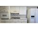 Kitchen featuring white cabinets, appliances, and a decorative tile backsplash at 1414 Grand Blvd, Holiday, FL 34690