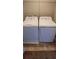 A white washer and dryer set is conveniently installed in a storage area with overhead shelving for laundry supplies at 15772 Stable Run Dr, Spring Hill, FL 34610