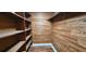 Walk-in closet with light brown wood paneling, shelves, and wood-look flooring at 17932 Wendy Sue Ave, Hudson, FL 34667