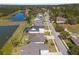 Aerial view of a neighborhood showcasing single-Gathering homes and a tranquil pond surrounded by greenery at 5731 Summit View Dr, Brooksville, FL 34601