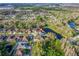 Aerial view of a residential area, showcasing a beautiful pond and the location of the property at 28752 Falling Leaves Way, Wesley Chapel, FL 33543