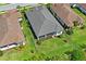 Aerial view of a backyard featuring a well-maintained lawn, screened lanai, and lush landscaping, providing an outdoor retreat at 3130 Forsythia Dr, Odessa, FL 33556