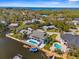 Stunning aerial view of a waterfront property with a boat dock and sparkling blue water at 8408 Damen Ln, Port Richey, FL 34668