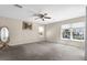 Spacious bedroom with natural light, ceiling fan, and plush carpet at 8408 Damen Ln, Port Richey, FL 34668