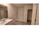 Bathroom featuring a single sink vanity, framed mirror, and a walk-in shower at 10823 Penny Gale Loop, San Antonio, FL 33576