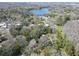Expansive aerial view showcasing the home's wooded lot, nearby lake, and tranquil surroundings enhancing privacy and natural beauty at 14821 Sassandra Dr, Odessa, FL 33556