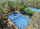 Aerial view of blue basketball court surrounded by trees with a person playing on it at 3667 Autumn Amber Dr, Spring Hill, FL 34609