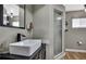 Modern bathroom with a rectangular basin sink, walk-in shower and updated fixtures at 4206 Candler Ave, Spring Hill, FL 34609