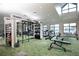 Bright and airy gym with state-of-the-art fitness equipment, windows, and green carpeted floors at 2641 Royal Ridge Dr, Spring Hill, FL 34606