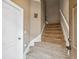 Carpeted staircase leading upstairs, adjacent to a white door and framed art at 8407 Blue Rock Dr, New Port Richey, FL 34653