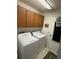 Functional laundry room with washer, dryer, overhead cabinets, and exterior access door at 11121 Linkside Dr # 11121, Port Richey, FL 34668