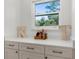 Bathroom featuring vanity with quartz countertop, storage, and natural light from the window at 11227 Lakeview Dr, New Port Richey, FL 34654