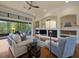 Bright living room features a fireplace, custom built-ins, large windows, and access to the screened lanai at 8373 Maybelle Dr, Weeki Wachee, FL 34613