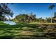 Backyard view of a tranquil pond with lush landscaping and mature trees at 1528 Jutland Dr, Trinity, FL 34655