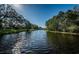 Scenic view of a tranquil pond surrounded by lush greenery and mature trees at 1528 Jutland Dr, Trinity, FL 34655