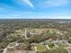 Wide aerial view showcasing homes amidst lush greenery and a scenic pond under a bright blue sky at 18251 East Rd, Hudson, FL 34667