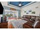 Stylish living room boasts blue ceiling, hardwood floors, and pool views at 2336 Edelweiss Loop, Trinity, FL 34655