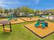 Aerial shot of community playground featuring colorful play structures and ample space for recreational activities at 2336 Edelweiss Loop, Trinity, FL 34655